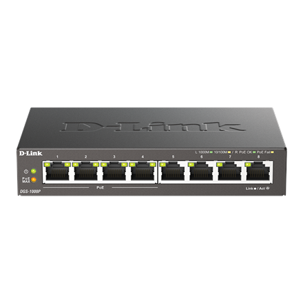 D-Link | 8-Port Gigabit PoE Switch (4xPoE) | DGS-1008P | Unmanaged | Desktop | võimsus supply type External