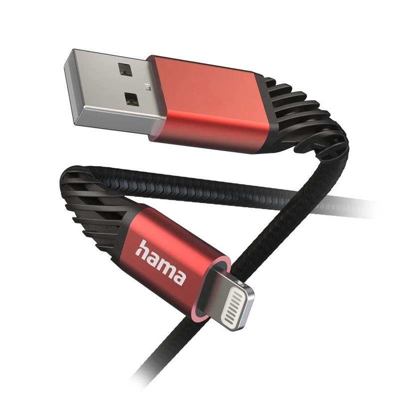 Hama Extreme Charging Cable, USB-A, Lightning, Nylon, 1.5 m, must/punane - Kaabel