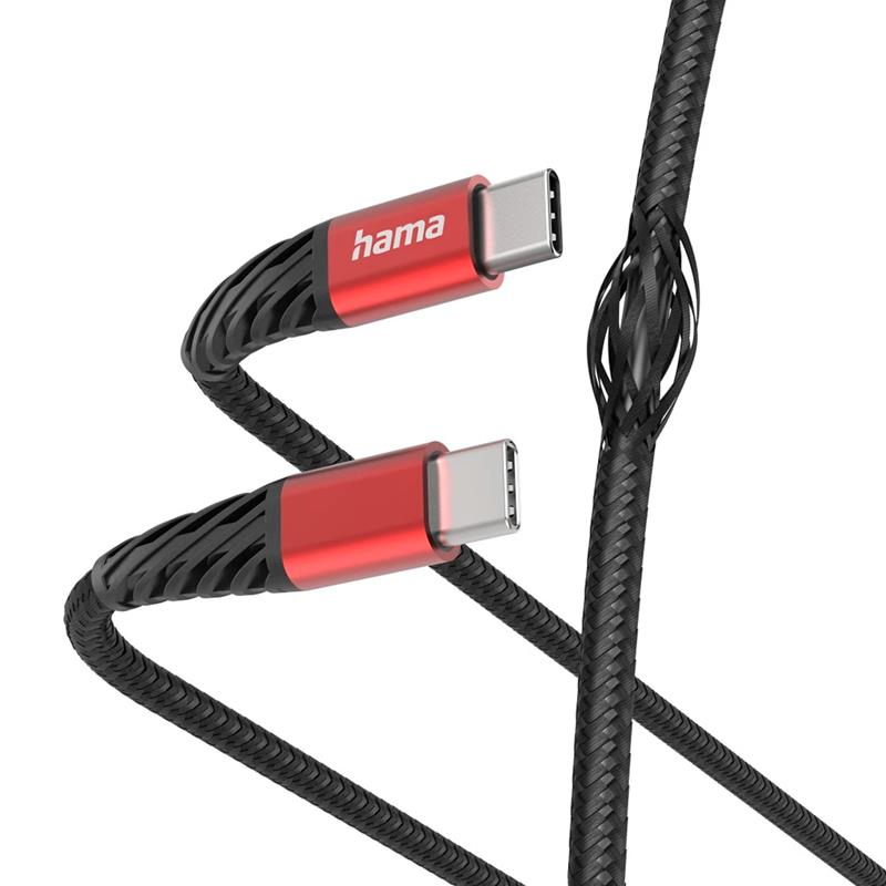 Hama Extreme Charging Cable, USB-C - USB-C, 60 W, Nylon, 1.5 m, must/punane - Kaabel