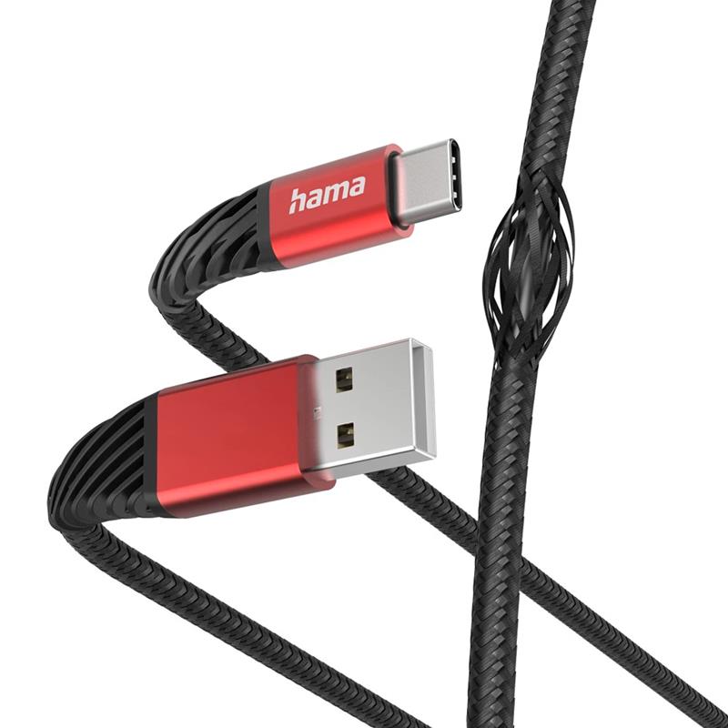 Hama Extreme Charging Cable, USB-A - USB-C, Nylon, 1.5 m, must/punane - Kaabel