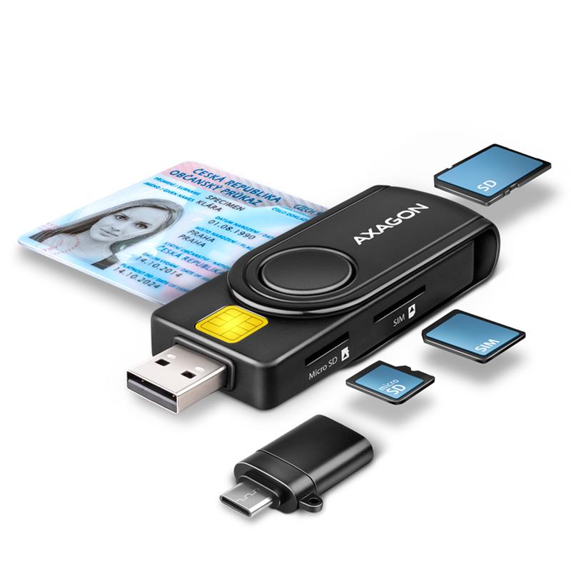 AXAGON CRE-SMP2A, USB-A, USB-C, mälukaardilugeja, must - ID-kaardilugeja